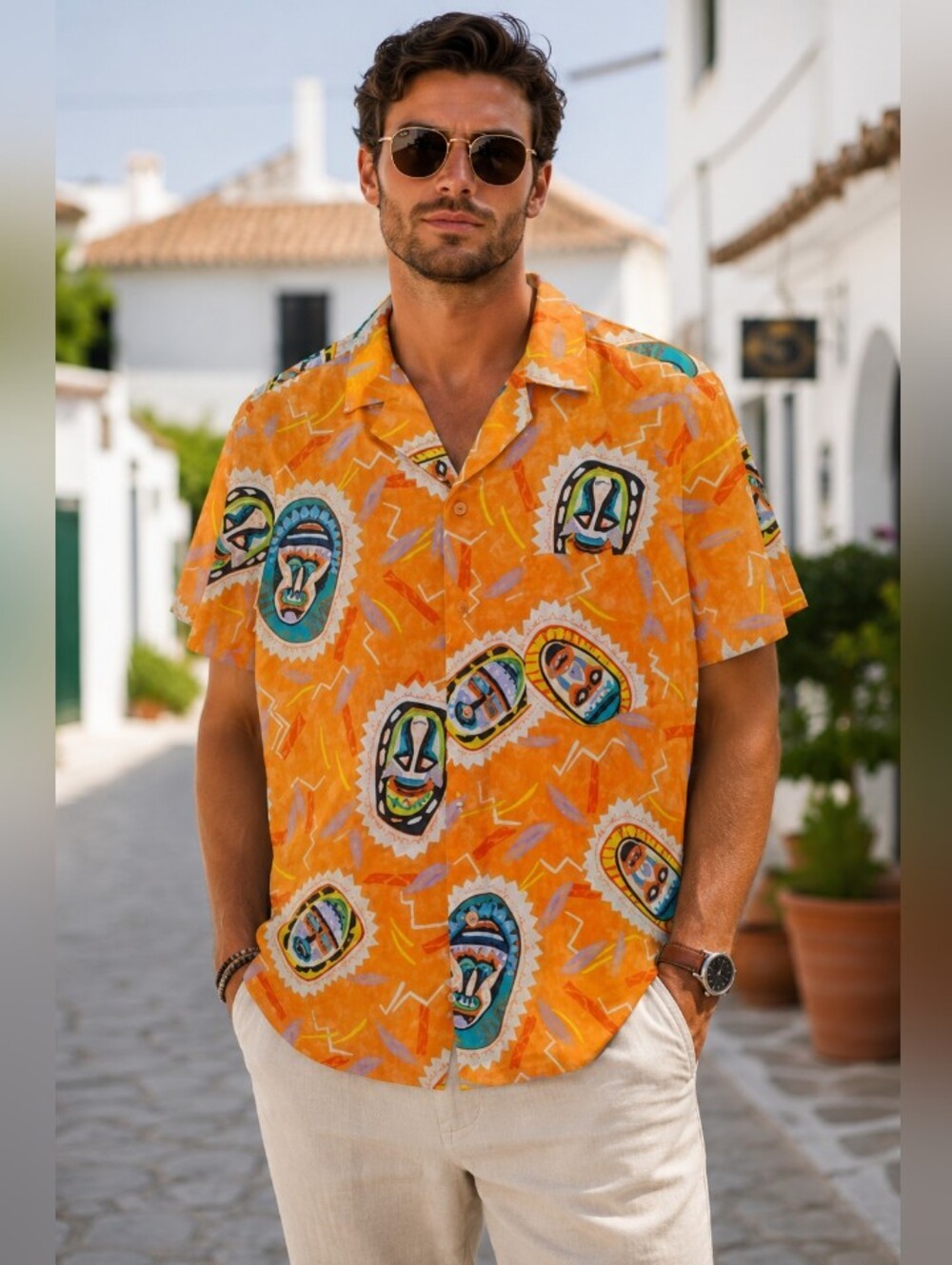 80's VINTAGE Mervyn's Paradise Beach Club Retro Tiki Mask button down shirt